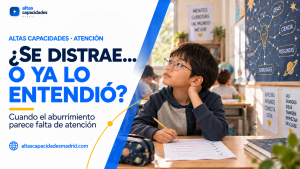 Niño con altas capacidades distraído en clase mientras sostiene un lápiz, junto al mensaje «¿Se distrae… o ya lo entendió?».