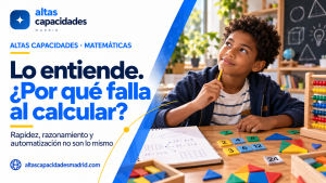 Niño con altas capacidades resolviendo un reto matemático para diferenciar razonamiento, rapidez de cálculo y automatización.
